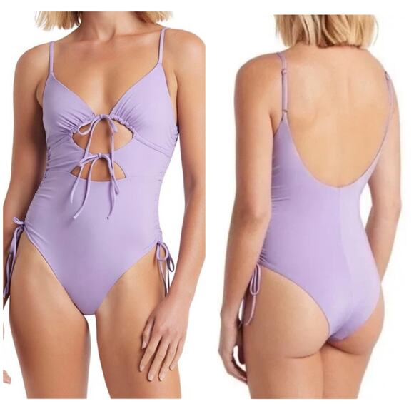 Bond-eye New Wave Tied Together One Piece Size XS Lavender Cut Out Swimsuit - Picture 1 of 14